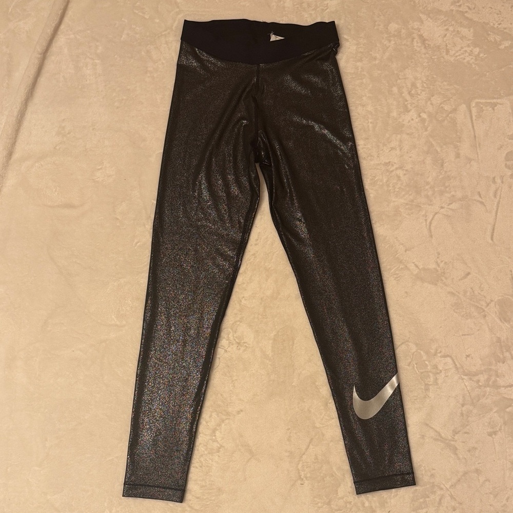 Nike Women's Shimmering Black Leggings with Silver Logo